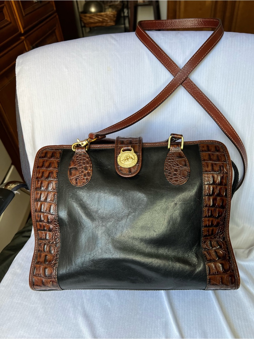 Vintage Brahmin Tuscan Addison Satchel Bag Black & Croc Leather (Excellent) - Picture 2 of 16